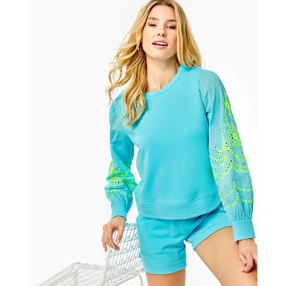 Lilly Pulitzer Alla Terry Sweatshirt Top Eyelet Embroidered Oversized XS 266822 - Picture 2 of 15